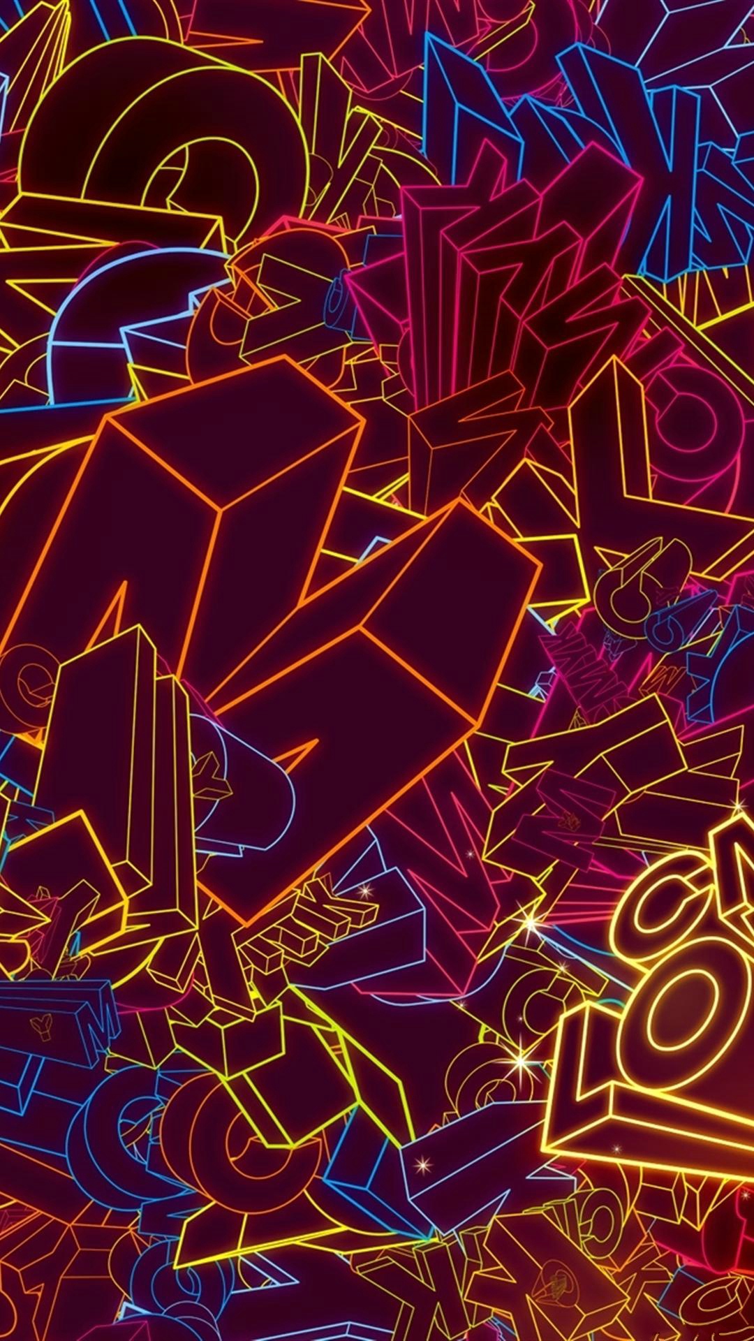 A vibrant and dynamic wallpaper design featuring neon-colored, three-dimensional letters and symbols layered on a dark background