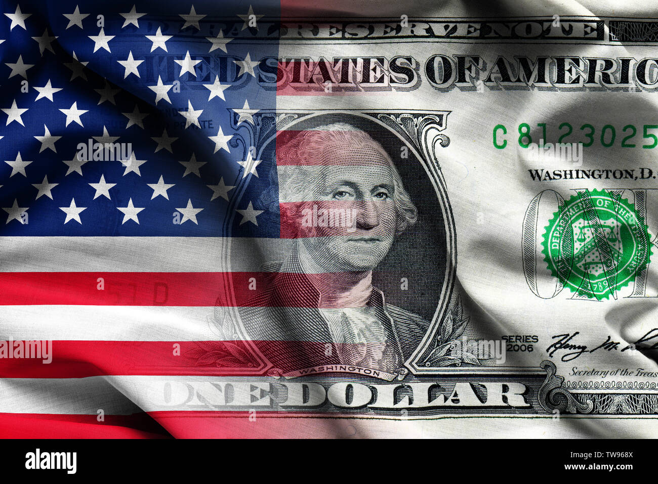 American Flag With One Dollar Banknote Waving Fabric Background