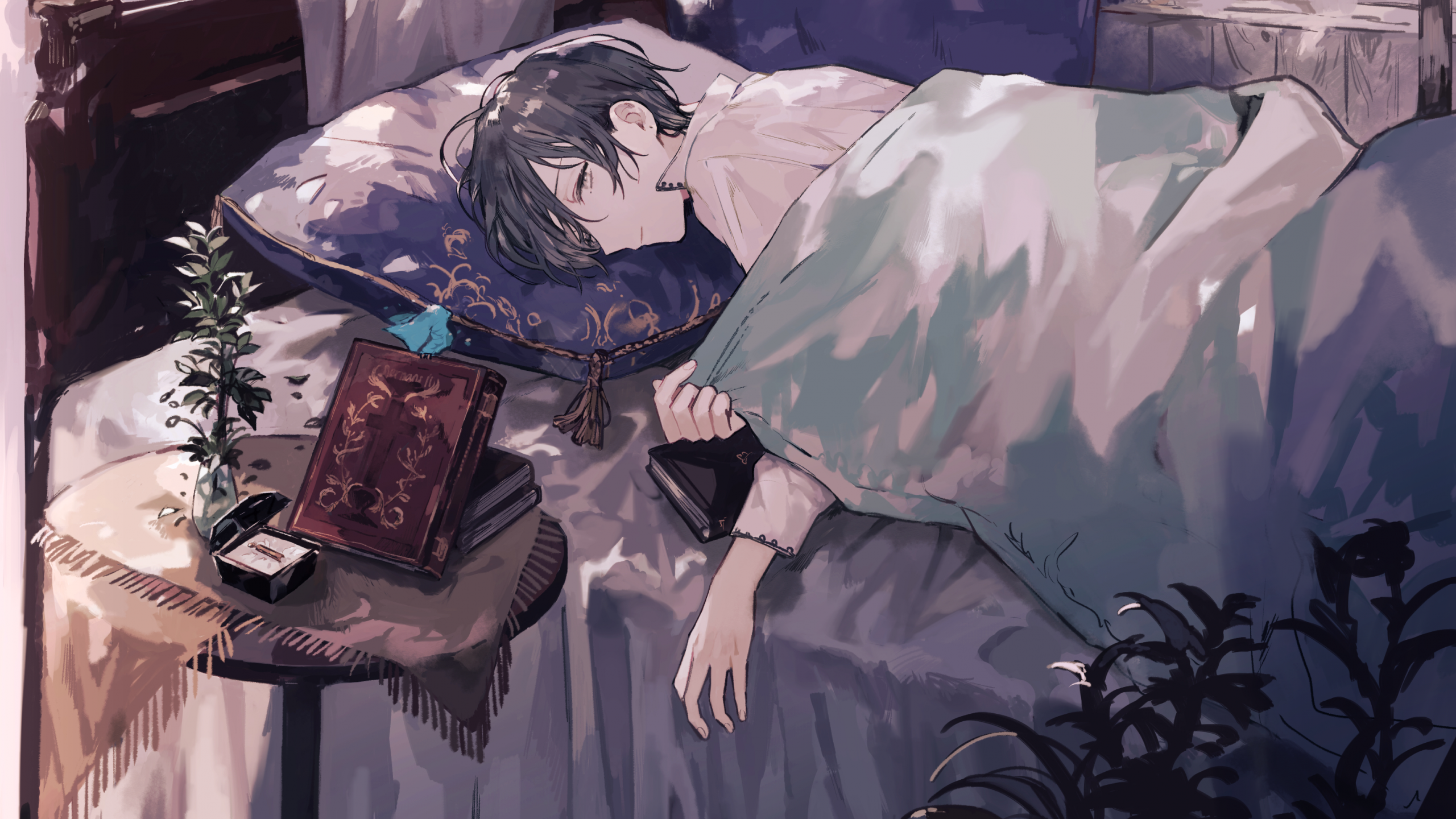 Anime Boy Sleeping Books Shoujo Wallpaper For