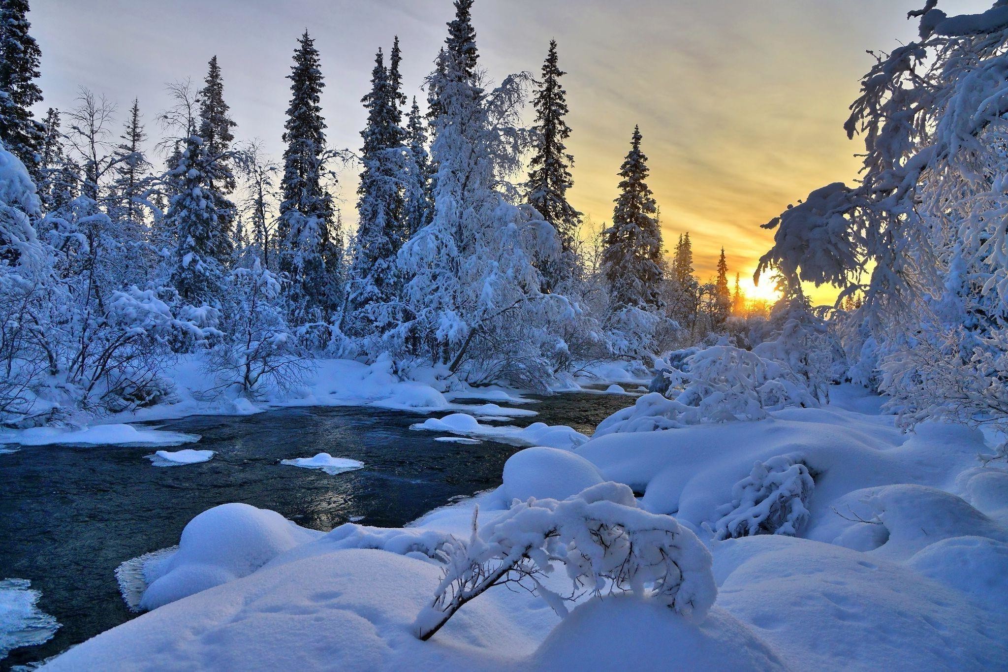 A breathtaking winter landscape at sunset. A snow-covered forest borders a pristine river, with the setting sun casting a warm glow over the scene