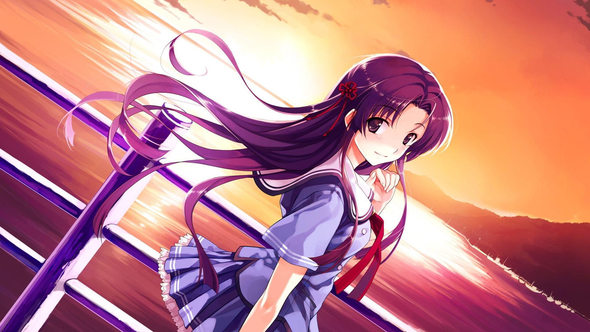Wallpaper Illustration Sunset Long Hair Anime Girls Purple
