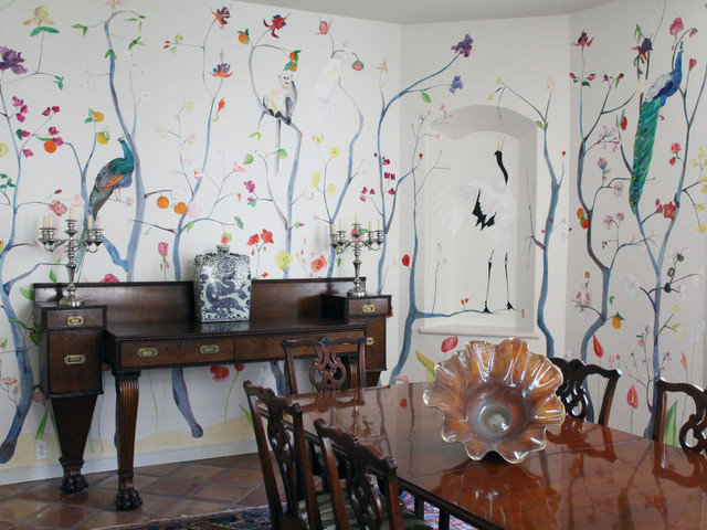 Hand Painted Chinoiserie Wallpaper Dining Room Contemporary