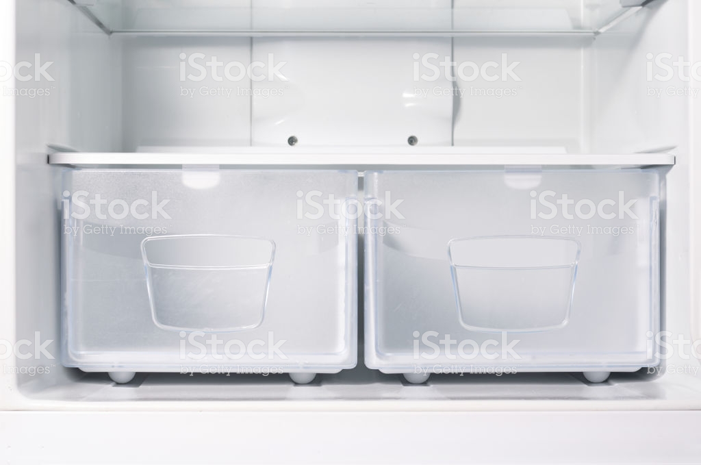 Empty Open Fridge With Shelves White Refrigerator Background Stock