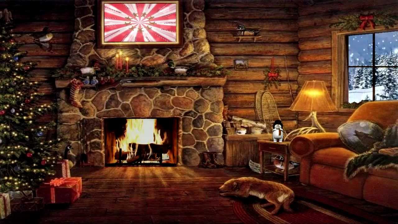 Christmas Cottage With Yule Log Fireplace And Snow Scene