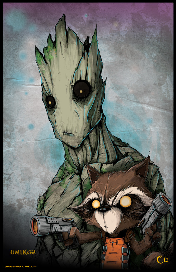 The Galaxy Character Illustration Featuring Rocket Raccoon And Groot