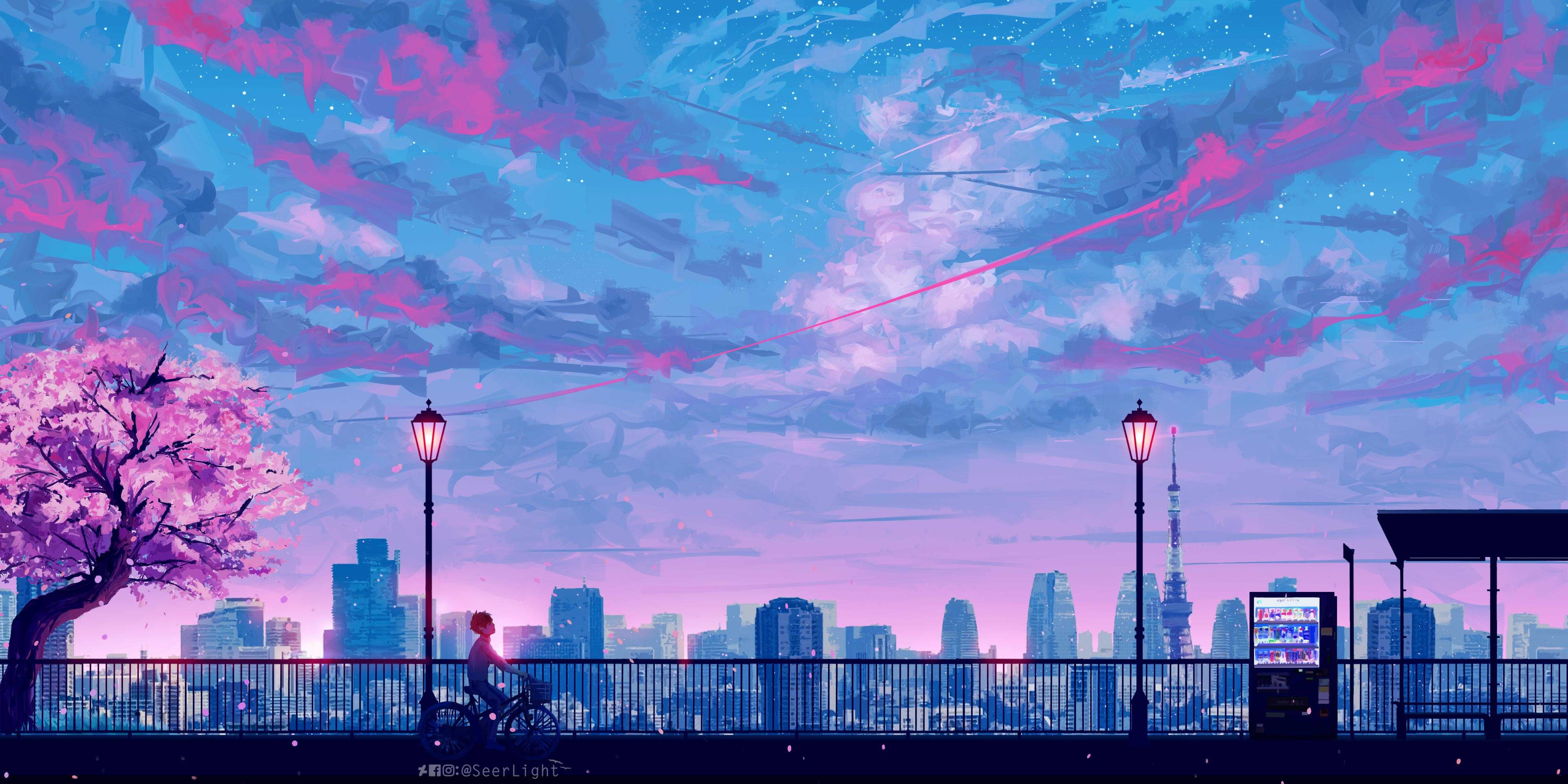 Anime cityscape at dusk with cherry blossoms and cyclist