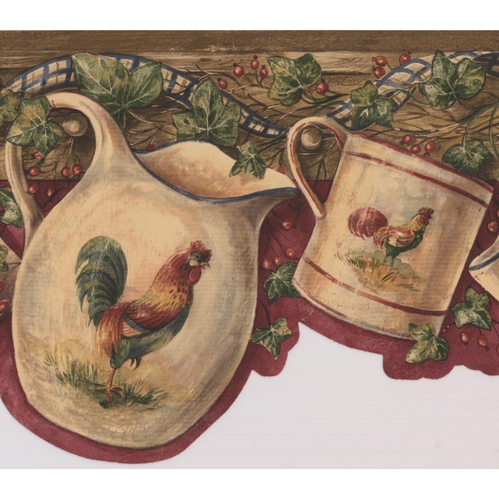Retro Art White Cup Kettle with Rooster Hanging on Hooks Red