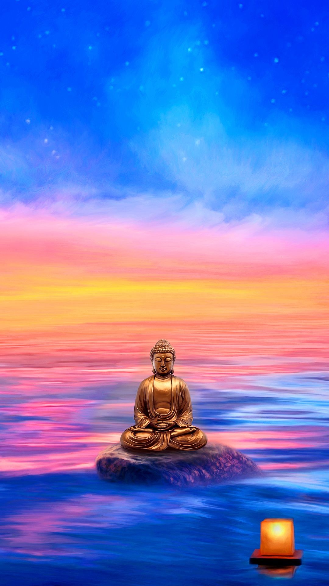 Serene Buddha statue meditating on a rock amidst tranquil waters under a vibrant sunset sky
