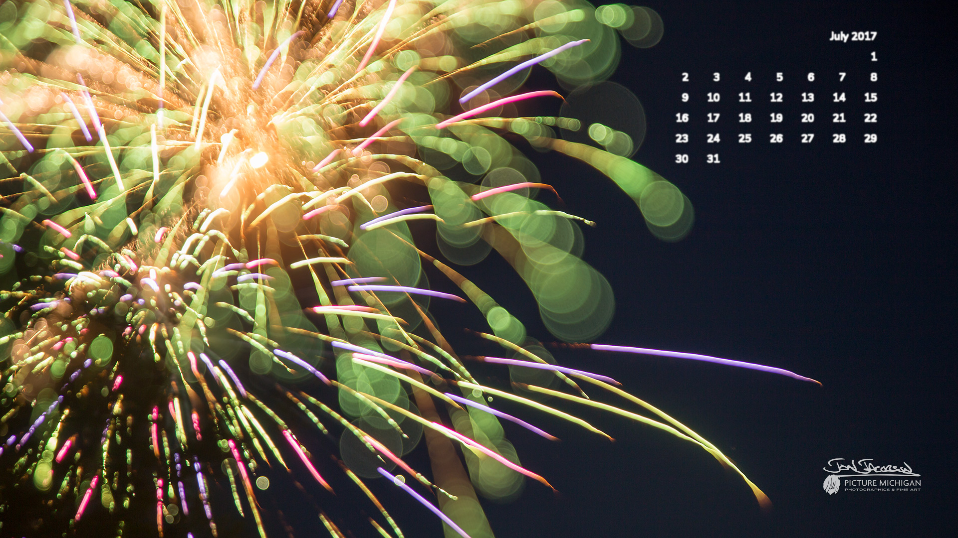 July 2017 Calendar Desktop Wallpaper Fireworks Picture Michigan 1920x1080