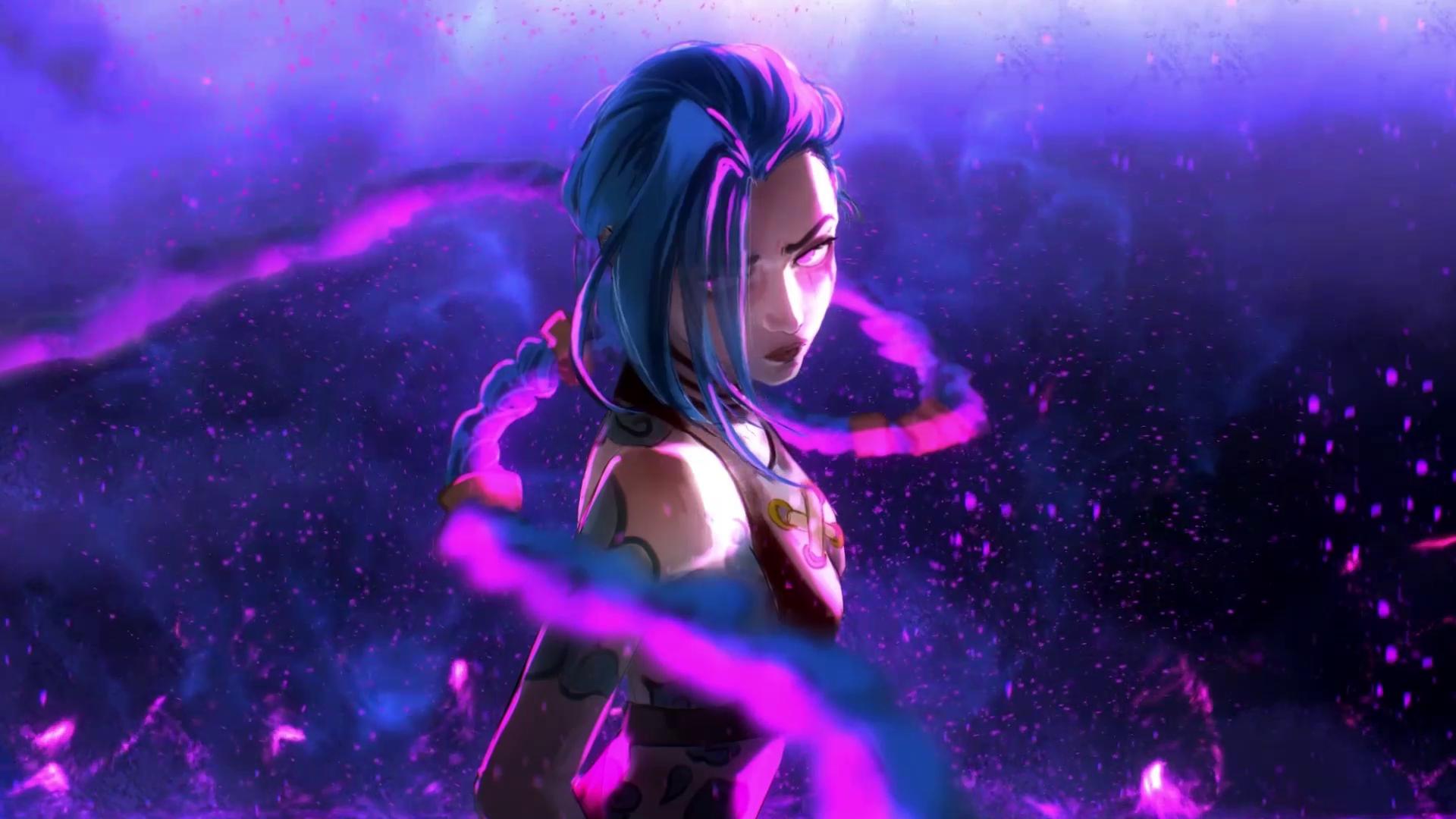 A vibrant live wallpaper featuring a female character with blue hair and pink magical effects against a dark, cosmic backdrop