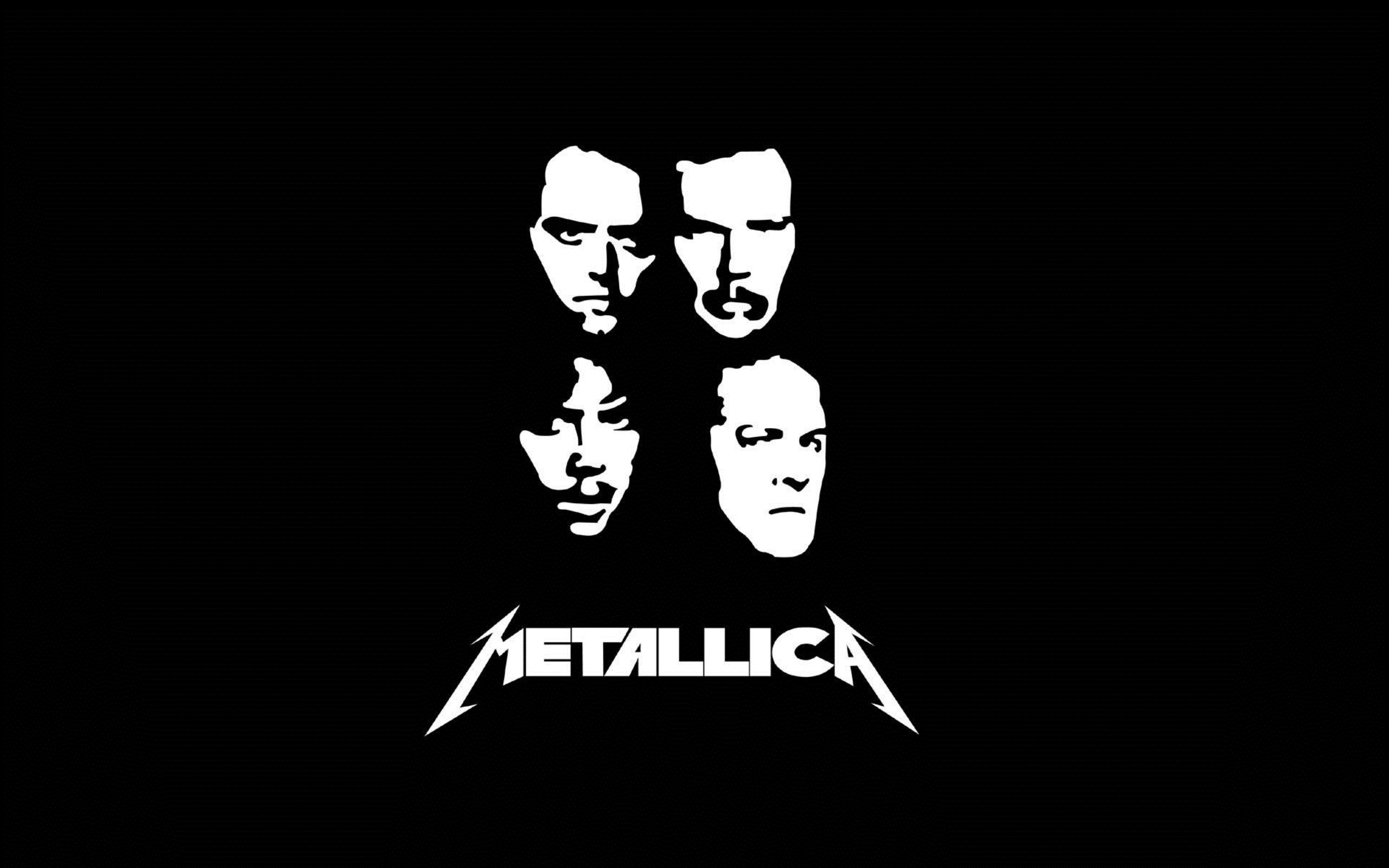 Black and white Metallica logo with stylized portraits of the band members