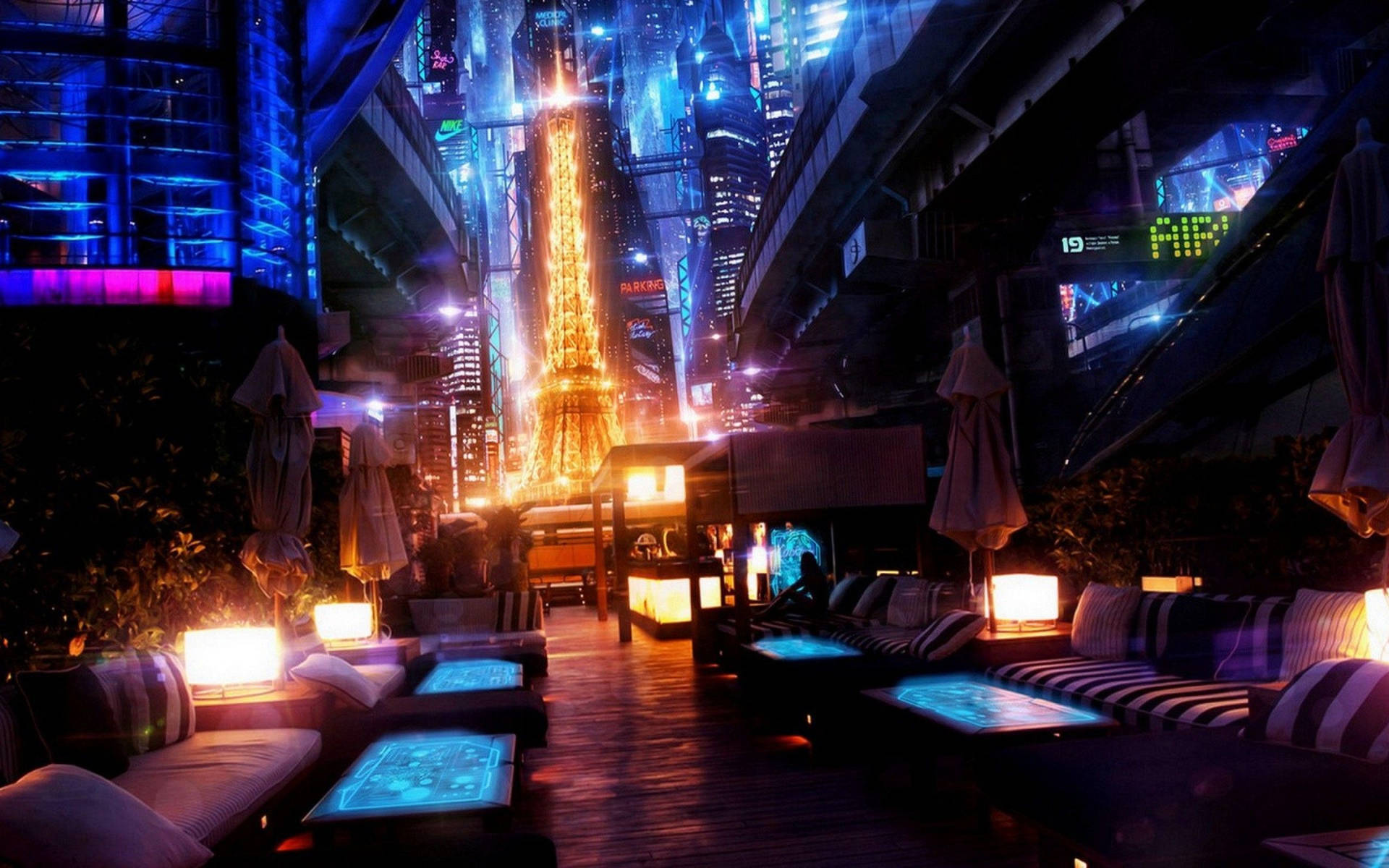 A cyberpunk city at night with a futuristic Eiffel Tower and a rooftop bar with glowing tables