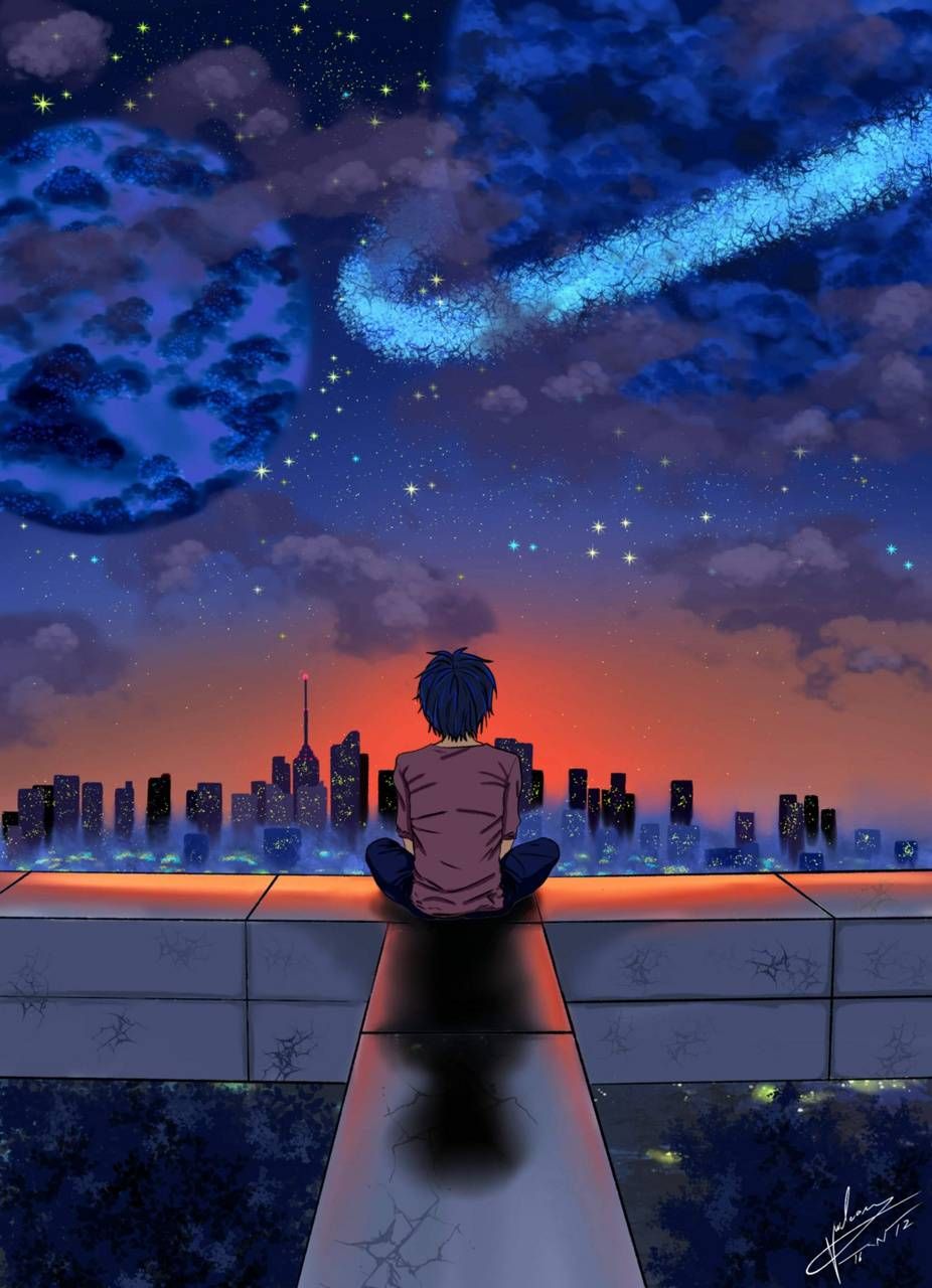 Anime boy, alone, art, blue, HD phone wallpaper