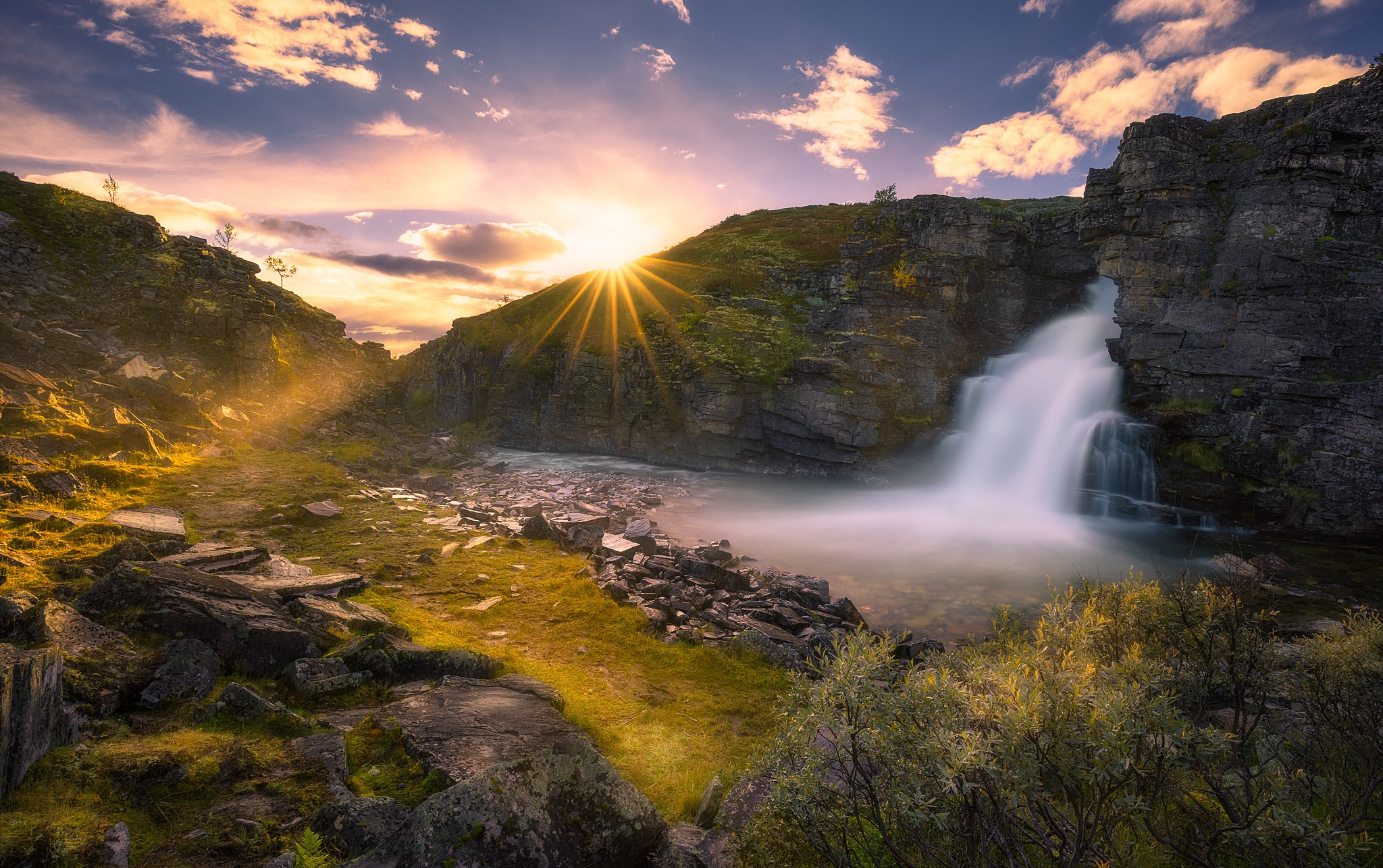 Beautiful Waterfall And Sunrise HD Nature 4k Wallpaper Image