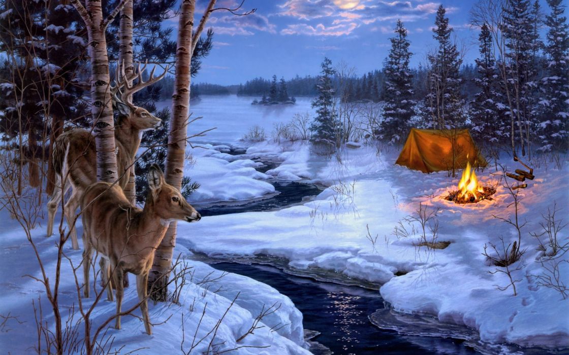 Darrell Bush Moon Shadows painting winter snow animals deer