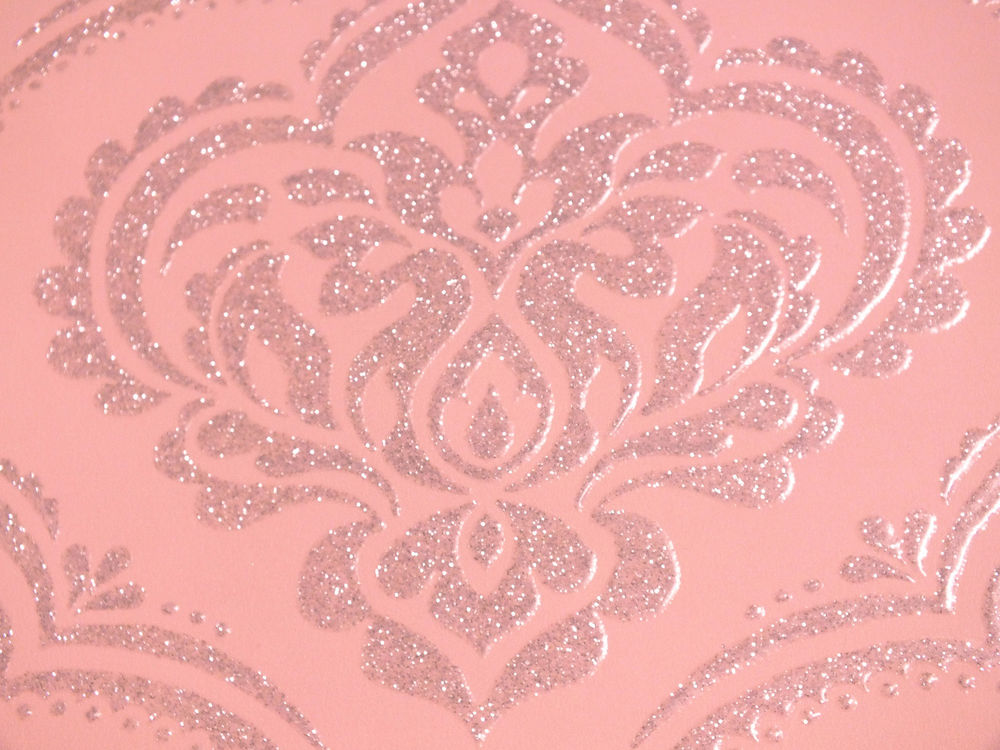 Pink With Silver Glitter Damask Wallpaper