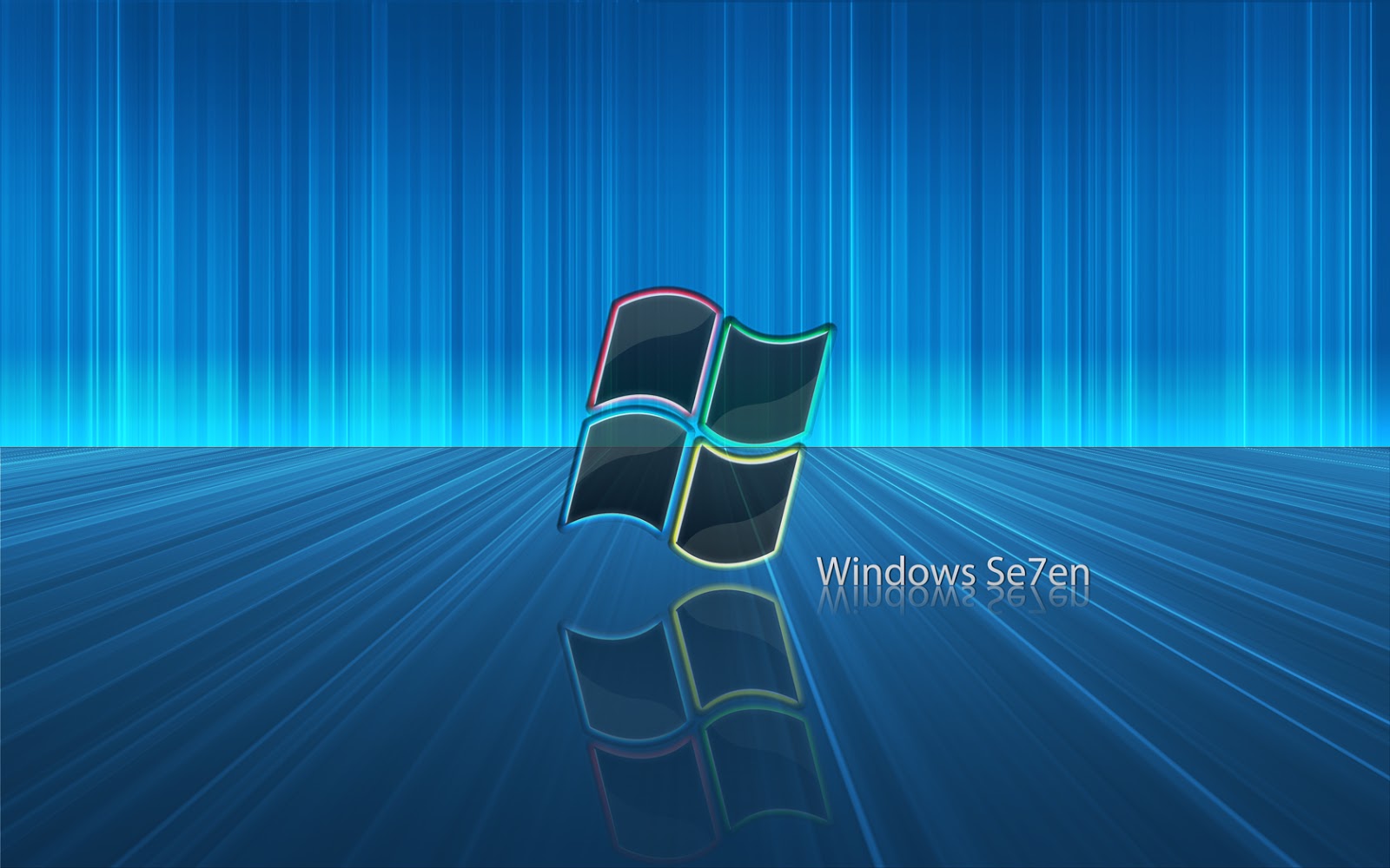 A stylized Windows 7 logo against a vibrant blue backdrop with vertical light streaks