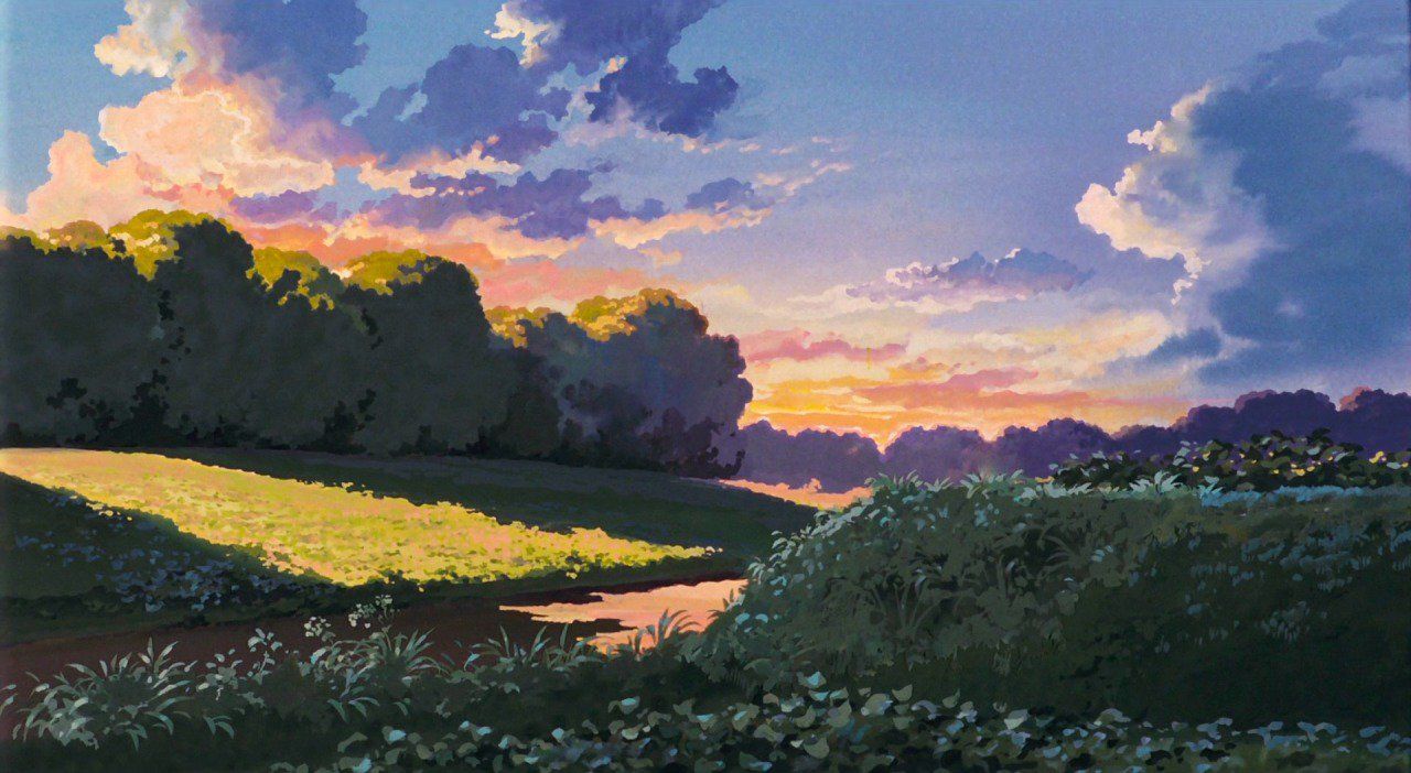 A Painting Of The Sun Setting Over Field With Flowers And Trees On It Wallpaper