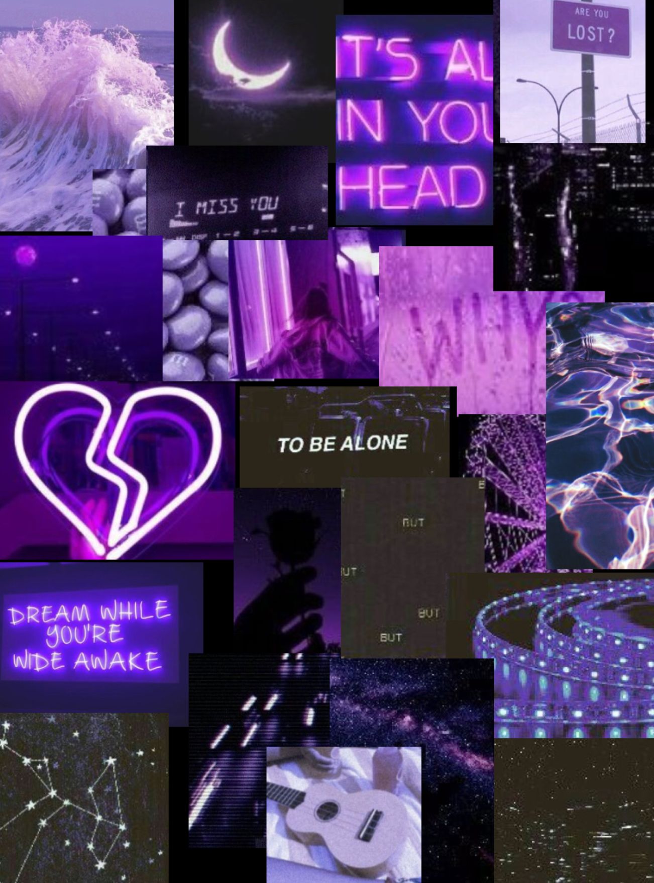 A collage of purple aesthetic images, including a crescent moon, neon signs, a broken heart, a rose, a ukulele, and a starry night sky