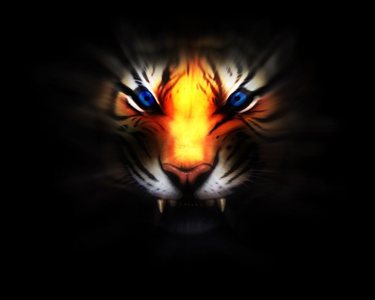 A fierce tiger with glowing blue eyes stares intensely from the darkness, its sharp fangs slightly bared
