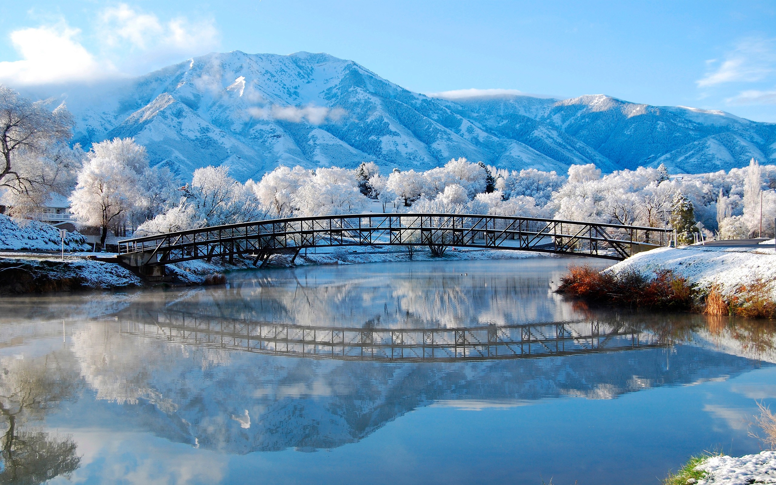 Winter Landscape Of The Small River And Mountains HD Desktop Wallpaper