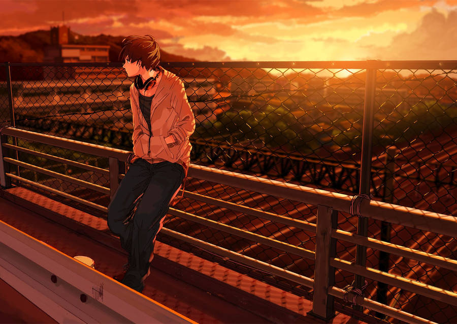 Sad Anime Boy Sunset Wallpaper