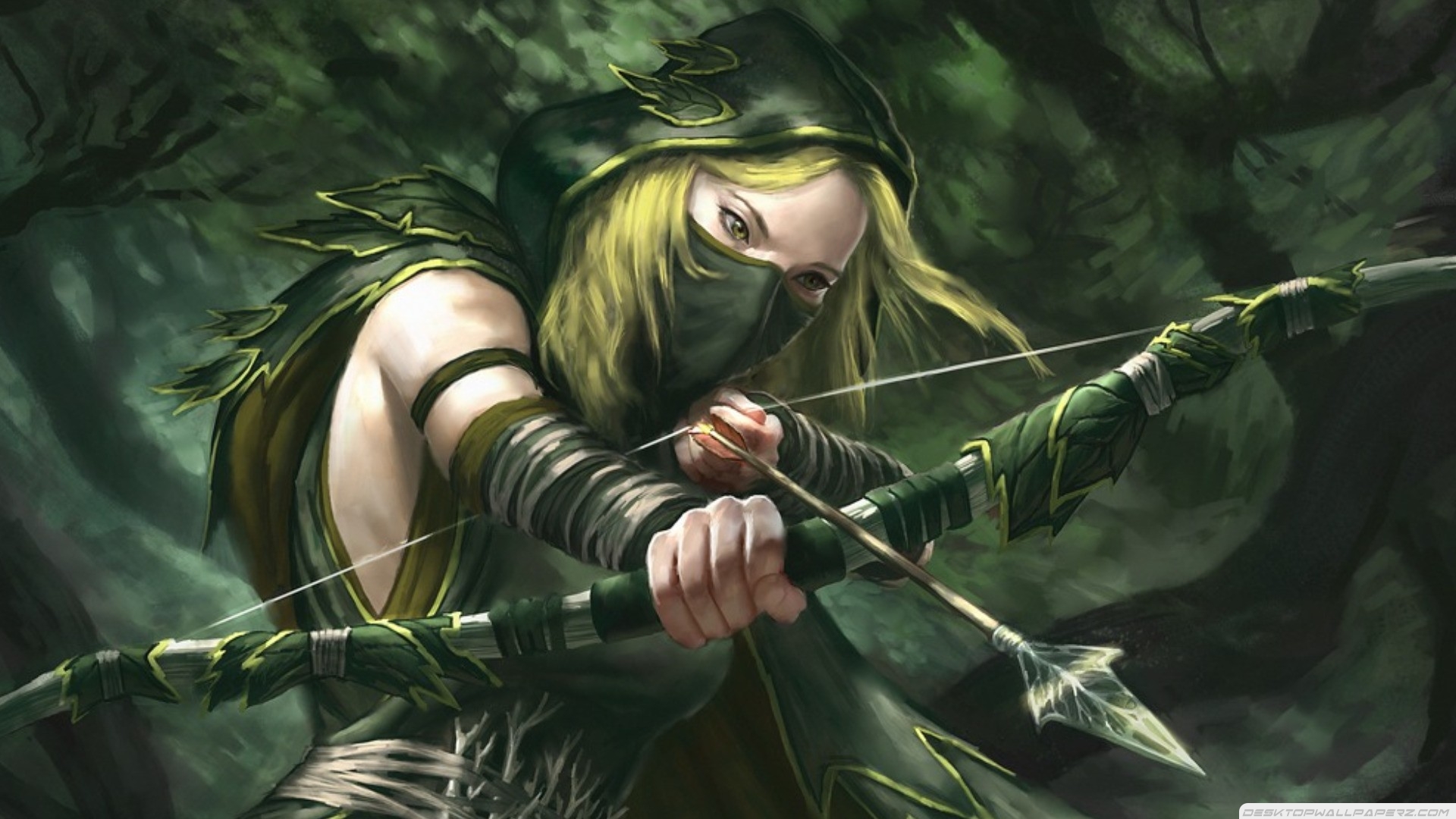 Fantasy Art Artwork Green Arrow Archer Girl Long Cross Bow Aim