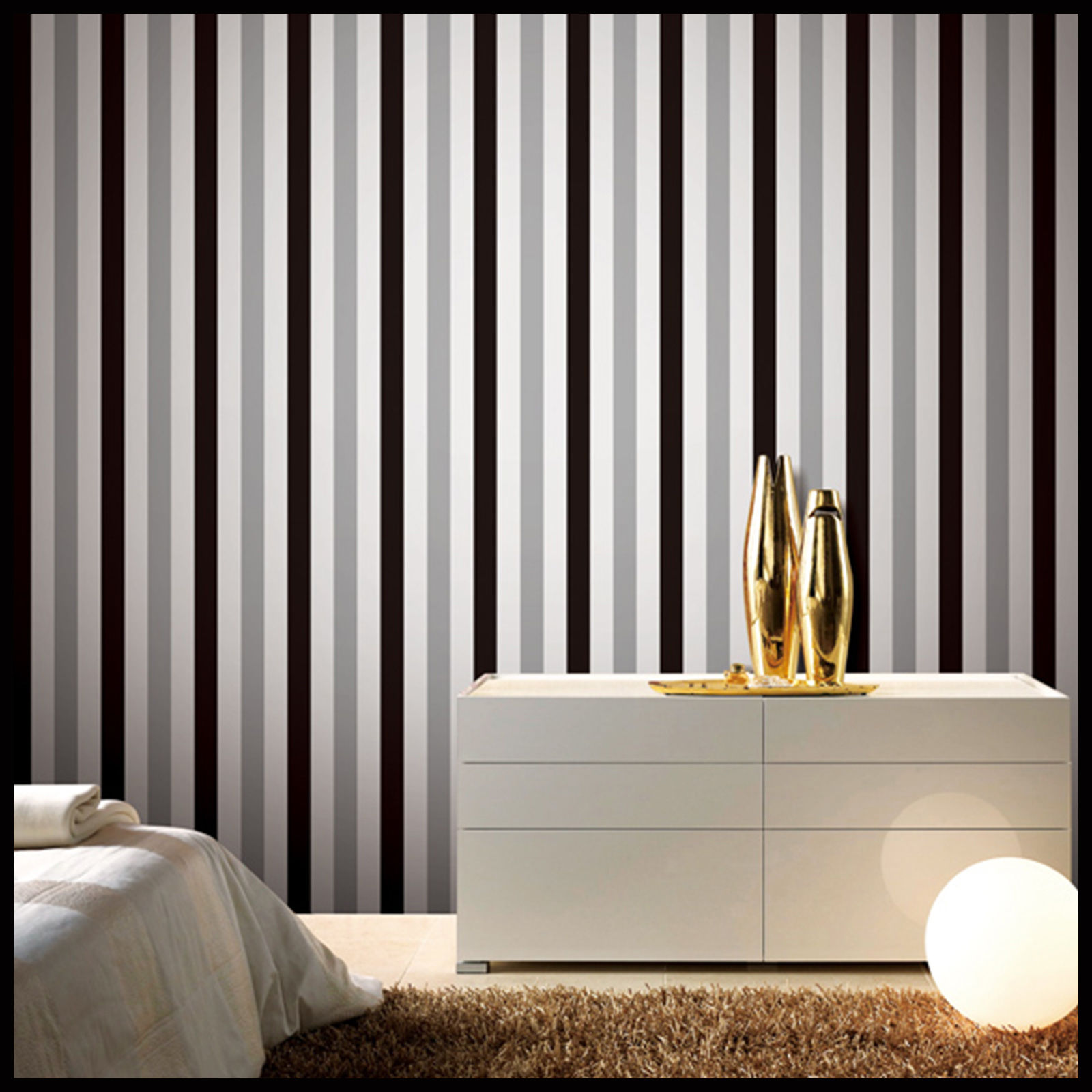 Wp32 Metallic Silver Black White Striped Wallpaper Wall Paper Roll