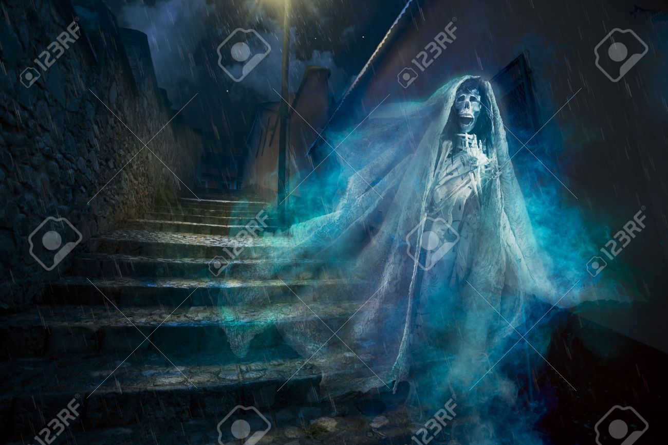 Creepy Halloween Background Of Ghost At Night Stock Photo Picture