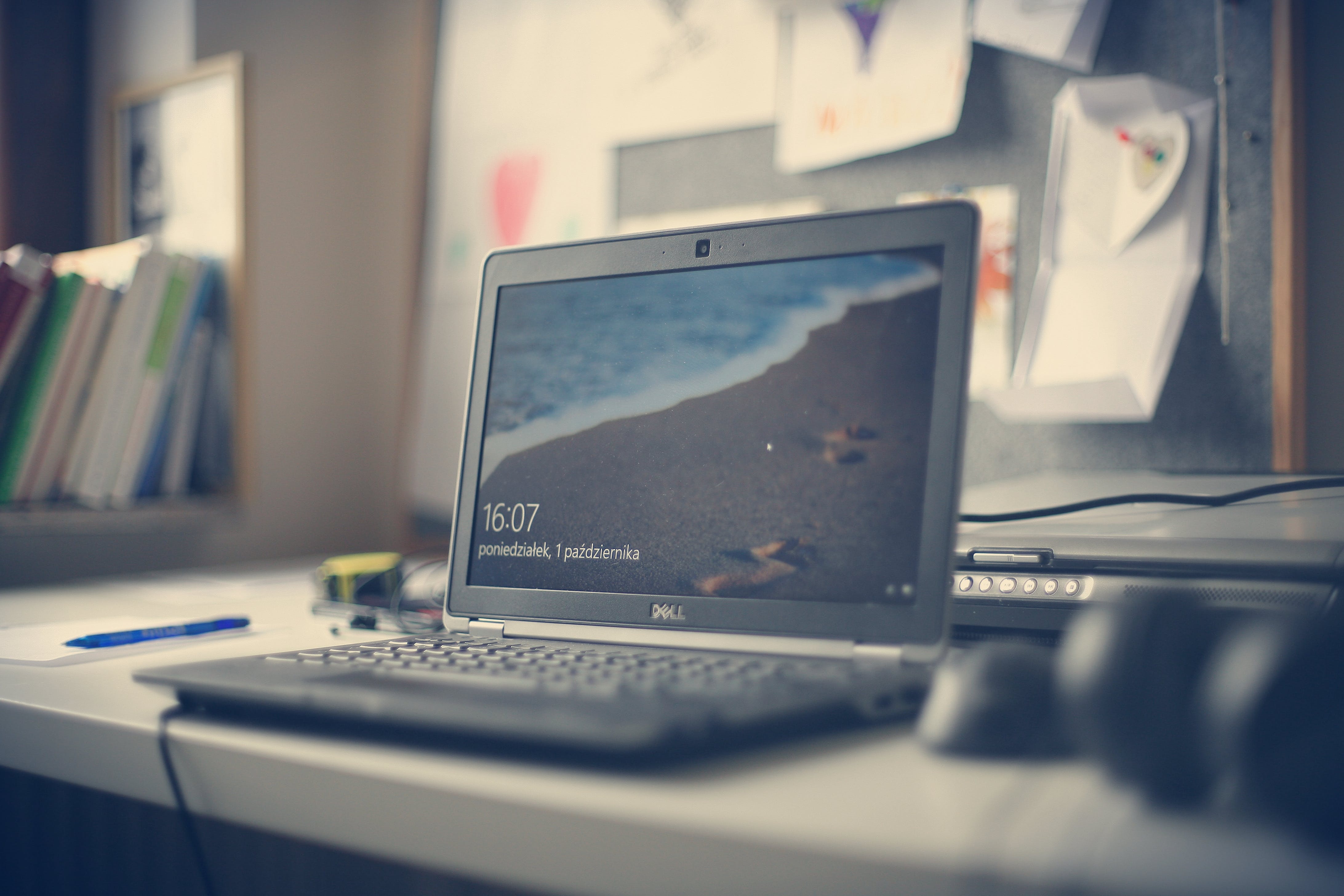 Black Dell Laptop On White Desk Stock Photo Image