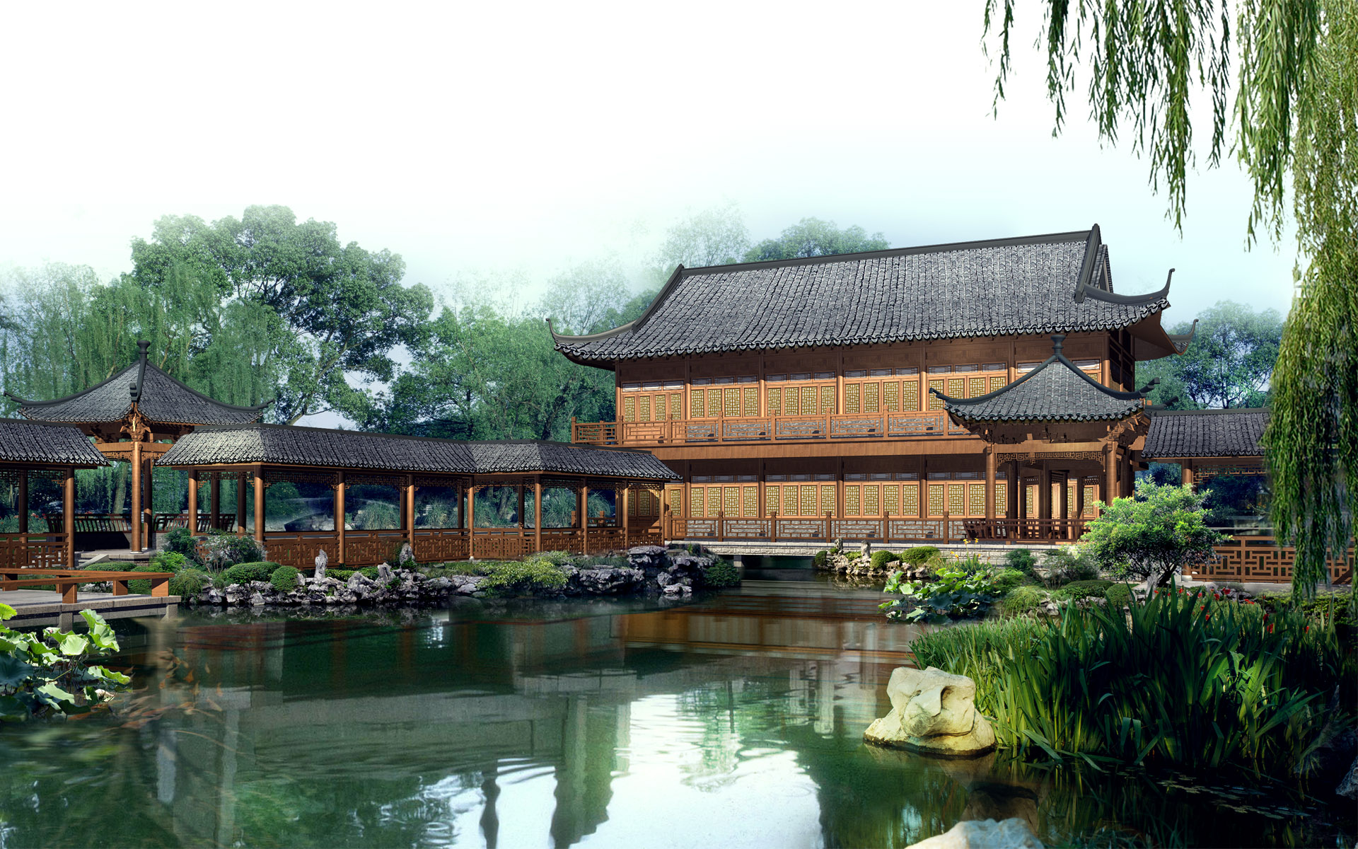 A serene landscape of a traditional Chinese building by the water, surrounded by lush greenery and a wooden bridge. This image evokes the tranquility and beauty of Chinese architecture and gardens