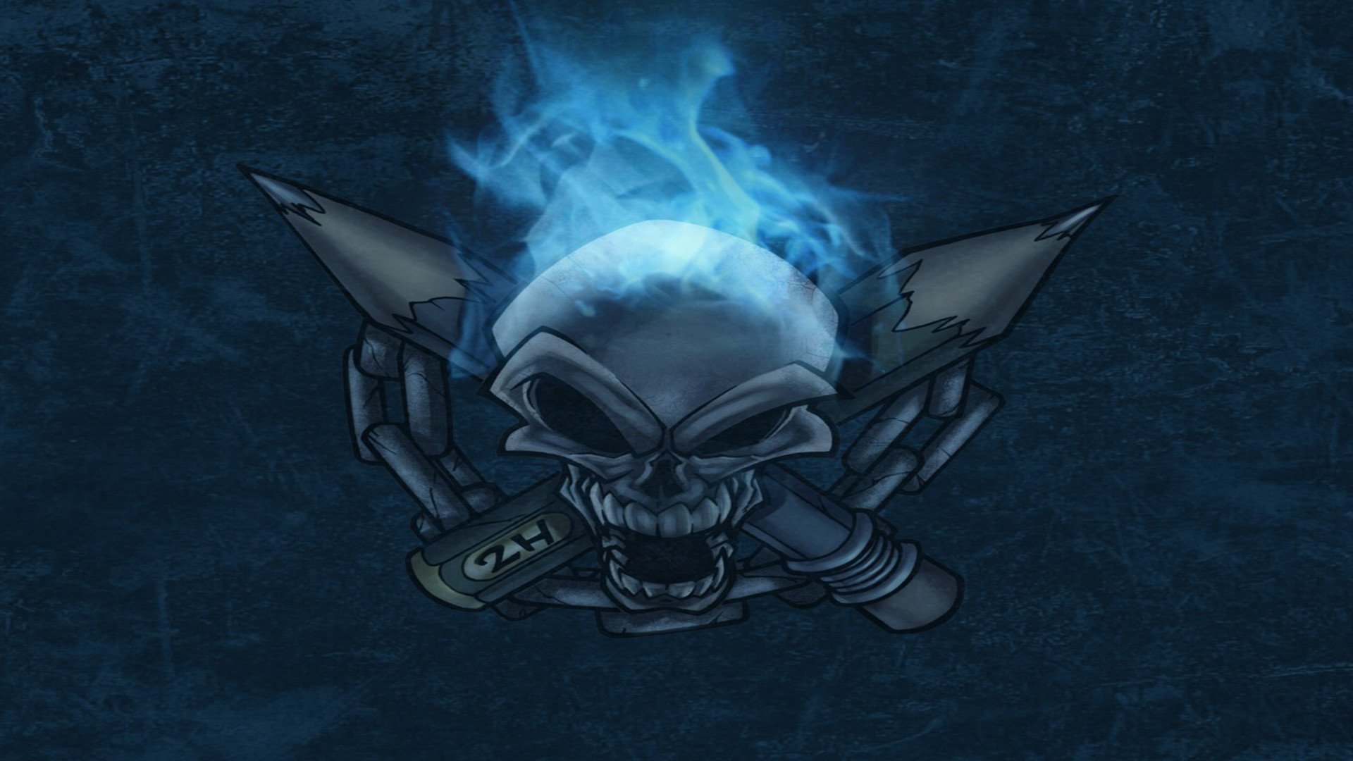 A flaming blue skull with pencils for horns, chained at the bottom, set against a dark blue background. This striking image embodies the spirit of 'Awesome Skull Wallpapers'