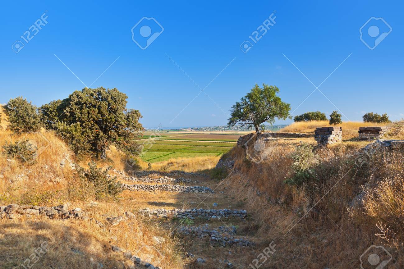 Ancient Ruins In Troy Turkey   Travel Background Stock Photo