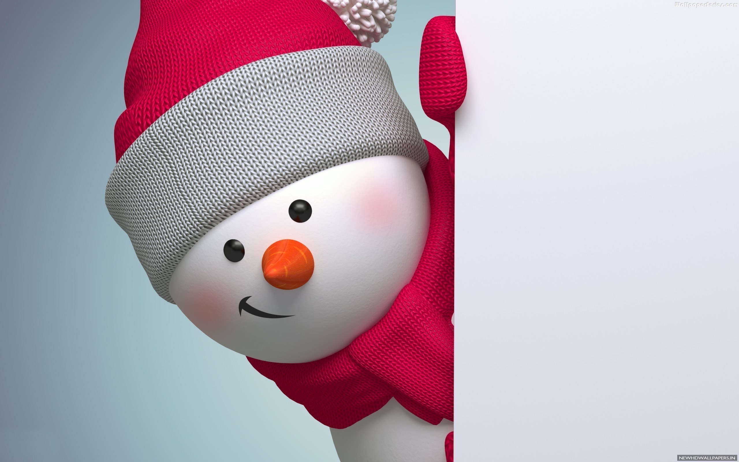 A cheerful 3D snowman peeks around a blank white sign, perfect for adding your own holiday message