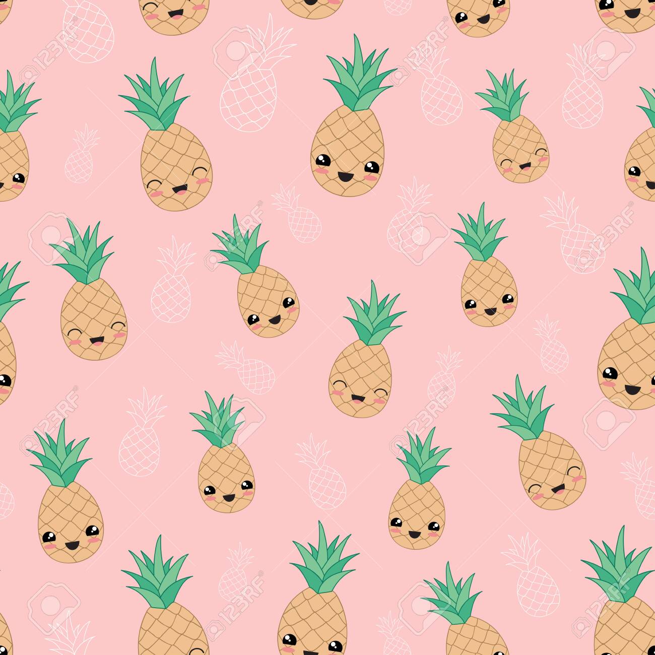 Kawaii Happy Pineapple Fruit Seamless Pattern Vector Pink