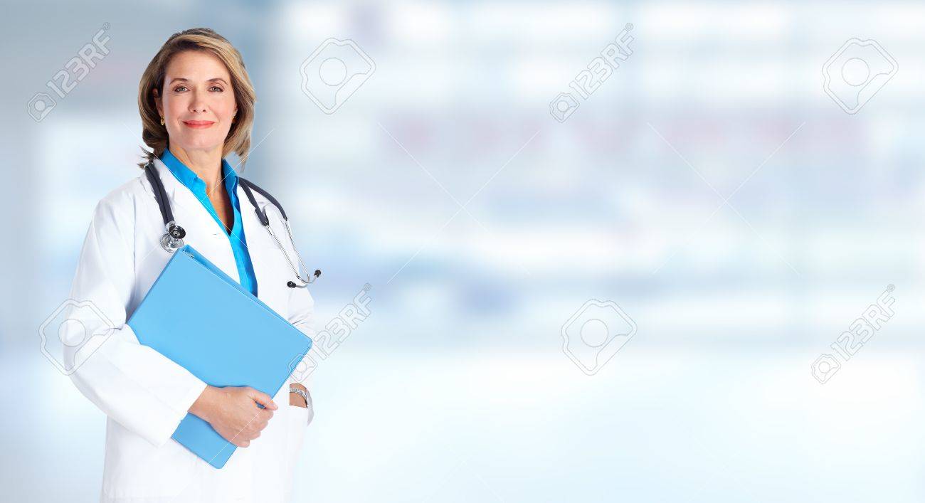 Elderly Clinic Doctor Woman Over Hospital Background Stock Photo