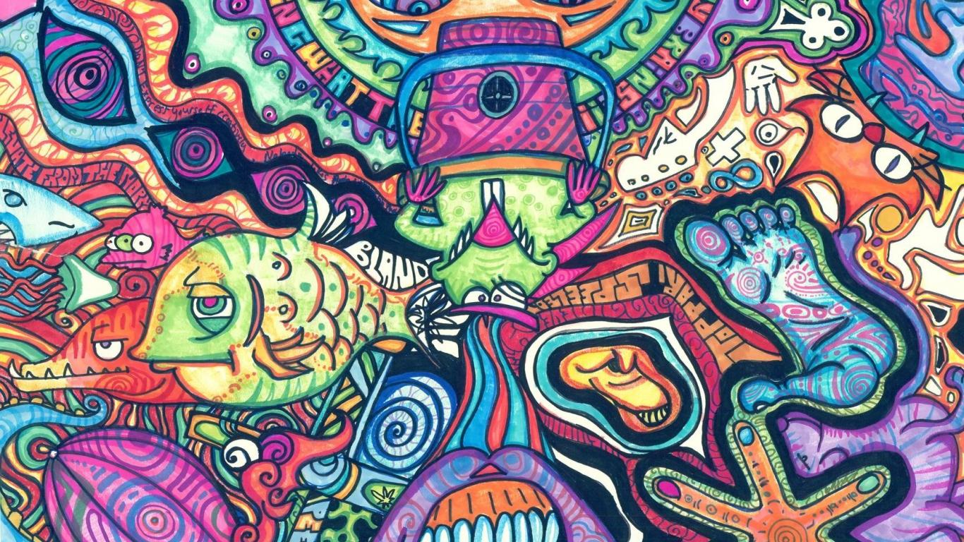 Fish Psychedelic Trippy Artwork Traditional Art Faces Wallpaper