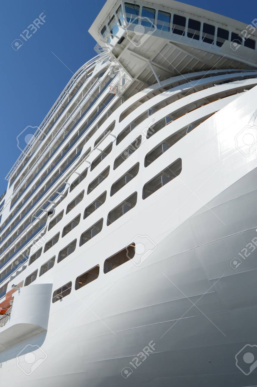 Luxury White Cruise Ship On Blue Sky Background Close Up Stock