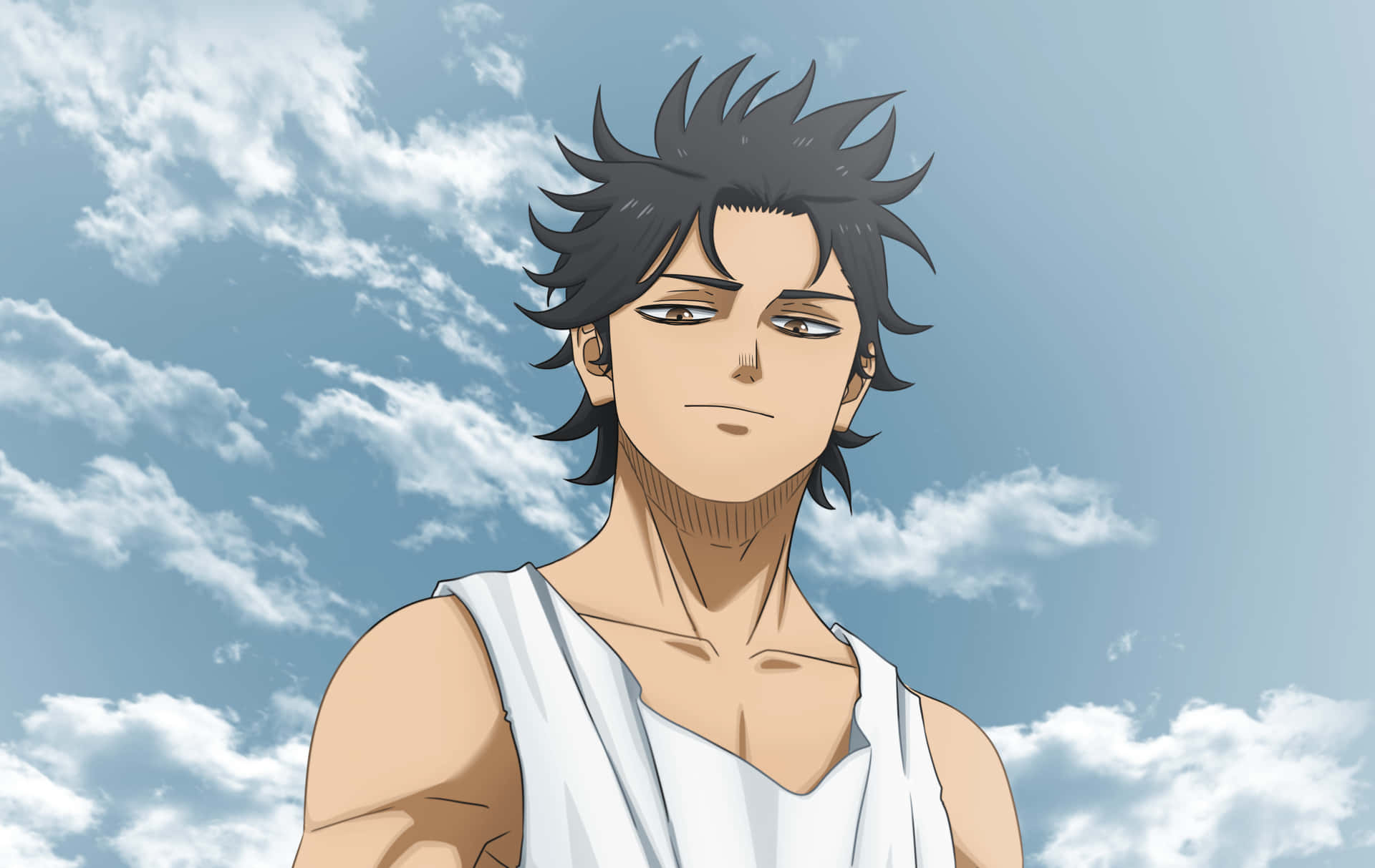A digital artwork of a muscular, dark-haired anime character against a cloudy sky