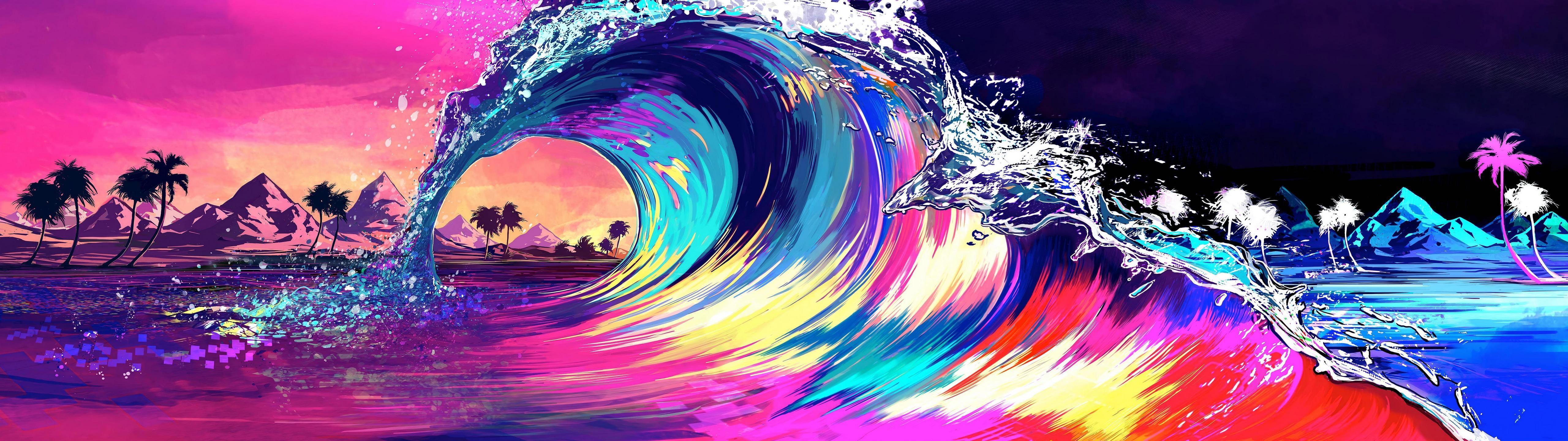 A vibrant, colorful wave crashing on a tropical beach in a 5120x1440 wallpaper format