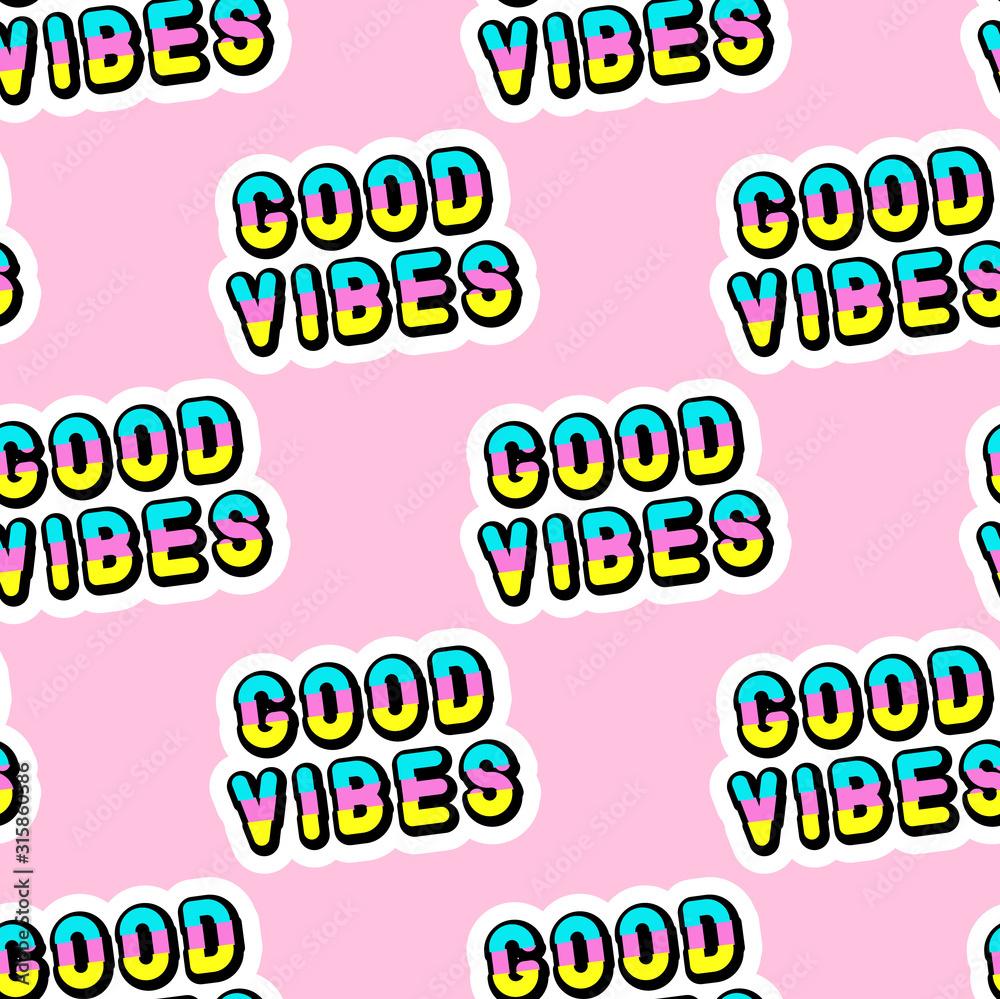 Seamless pattern with positive words phrase Good Vibes isolated