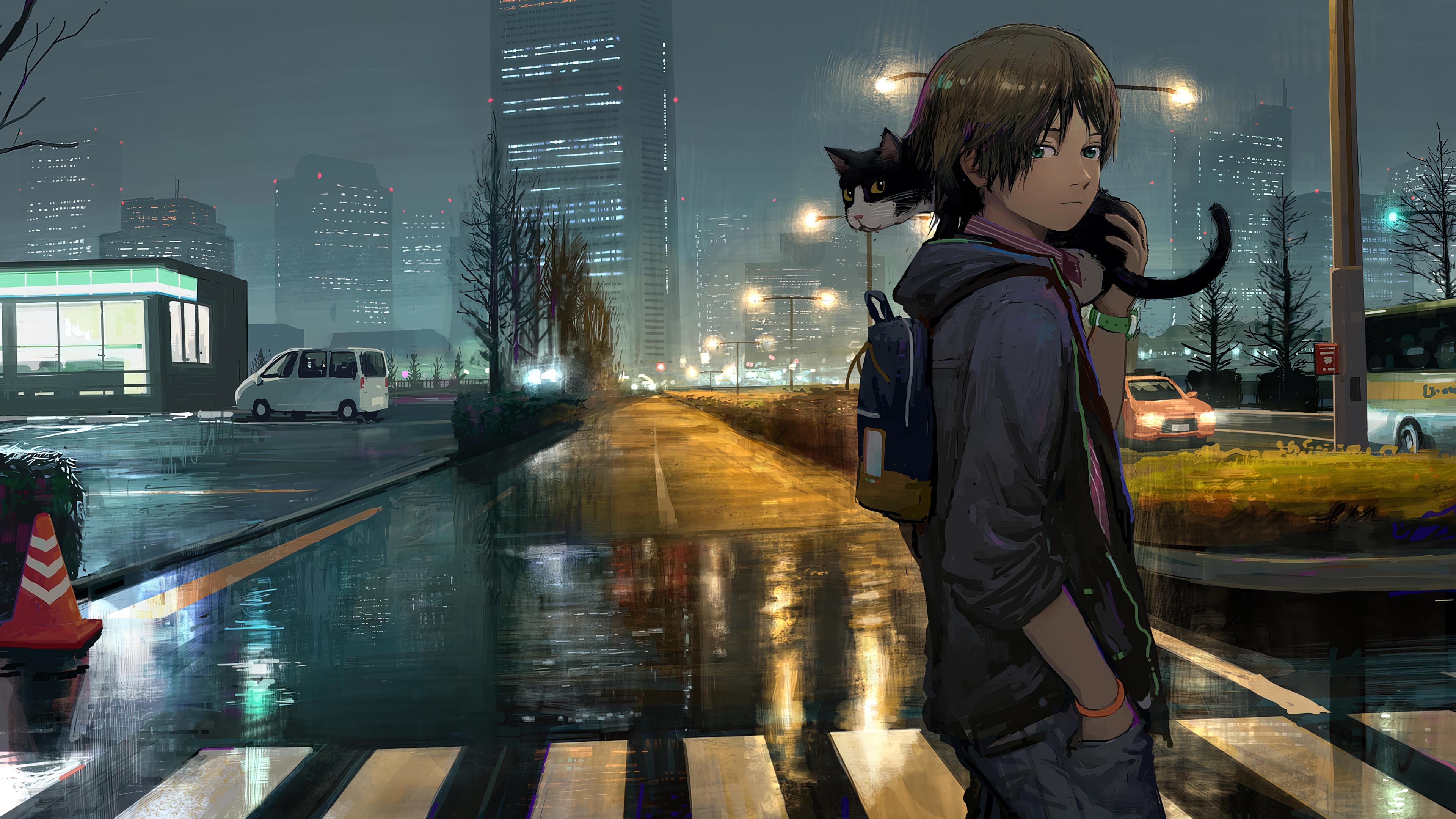 Anime Boy Cat Night City Wallpaper 4k Pc Desktop 524a