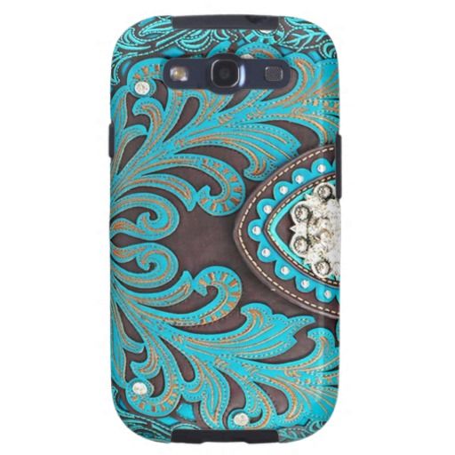 Turquoise Tooled Floral Leather Bling Diamond Prin