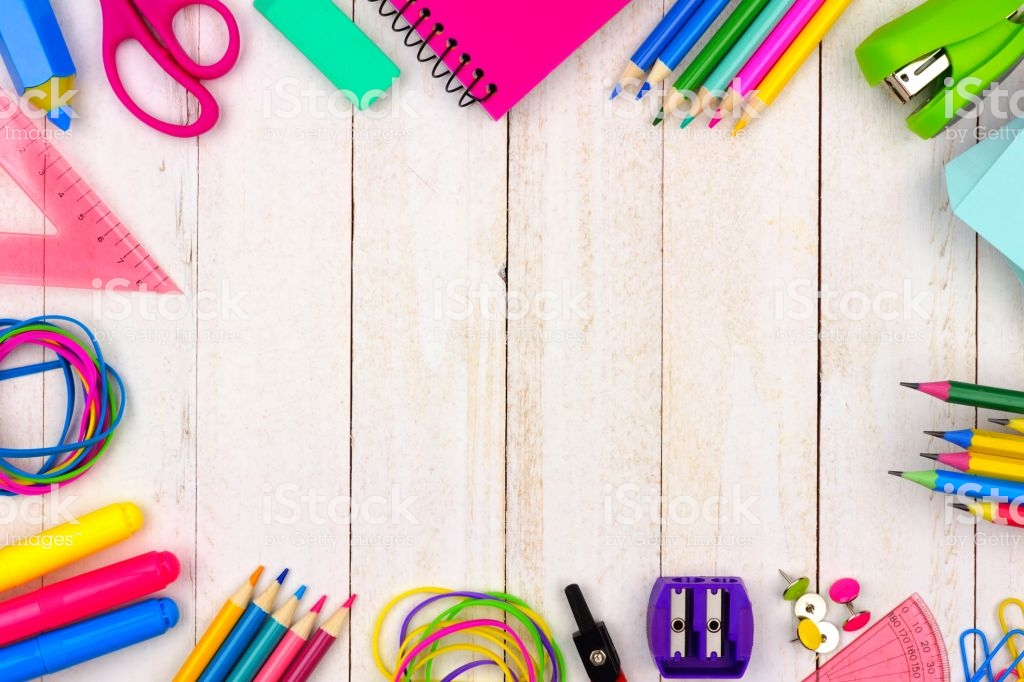 School Supplies Frame Over A White Wood Background Stock Photo