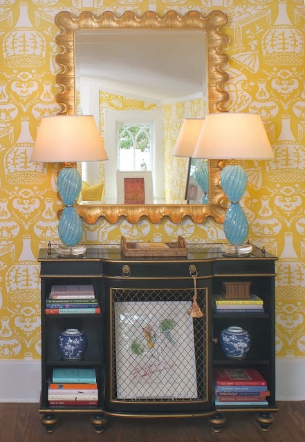 The Vase Wallpaper by David Hicks via Jennifer Dengel front hall idea 441x640