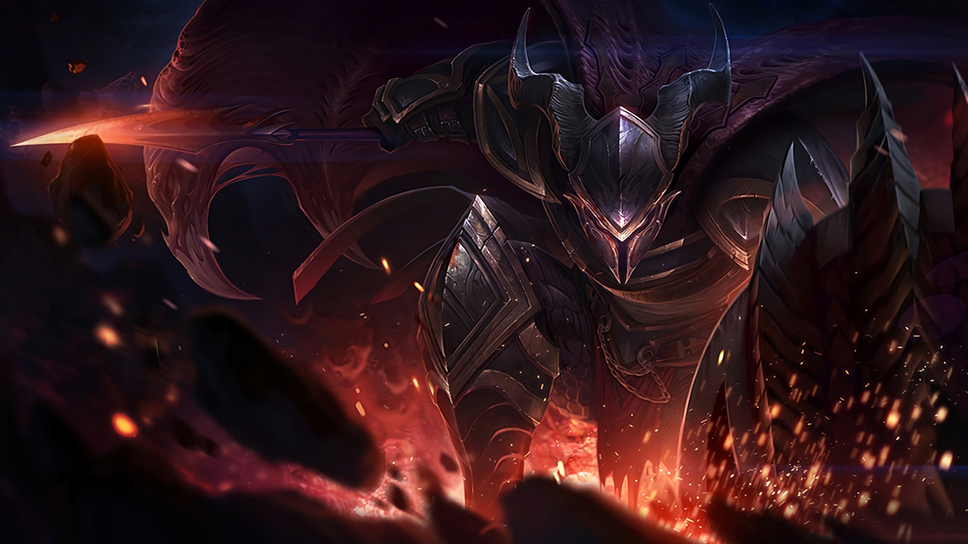 A League of Legends champion, Aatrox, The Darkin Blade, charging into battle amidst fiery sparks and debris. His dark armor and demonic features are highlighted, capturing his menacing presence