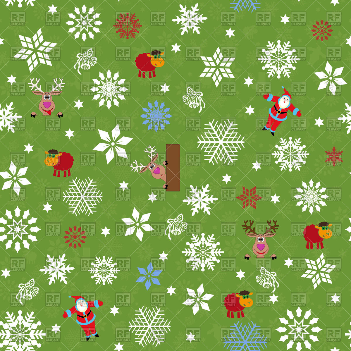 Green seamless Christmas background with Santa reindeer sheep