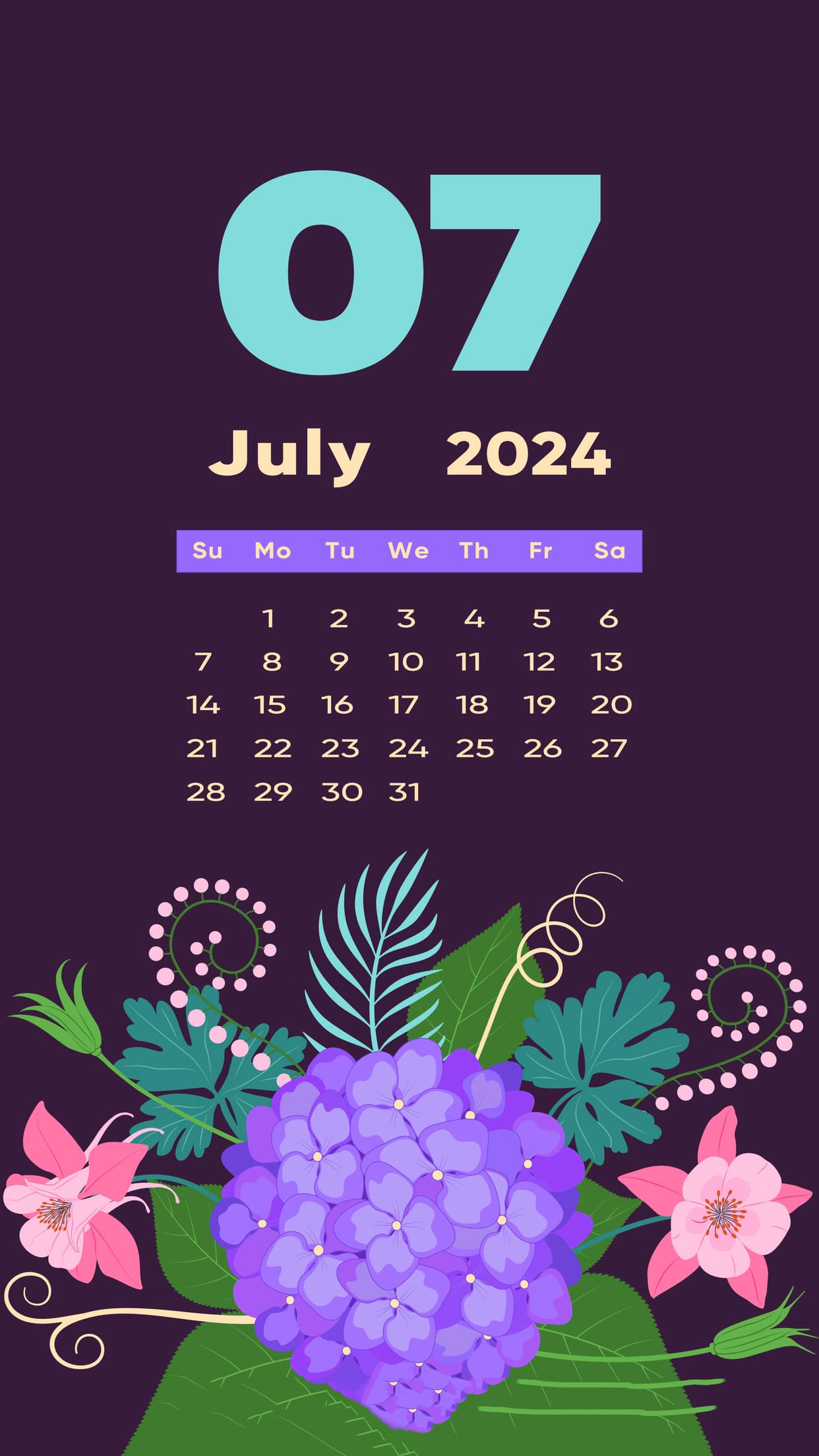 Aesthetic July 2024 calendar wallpaper with purple hydrangeas and pink columbines on a dark background
