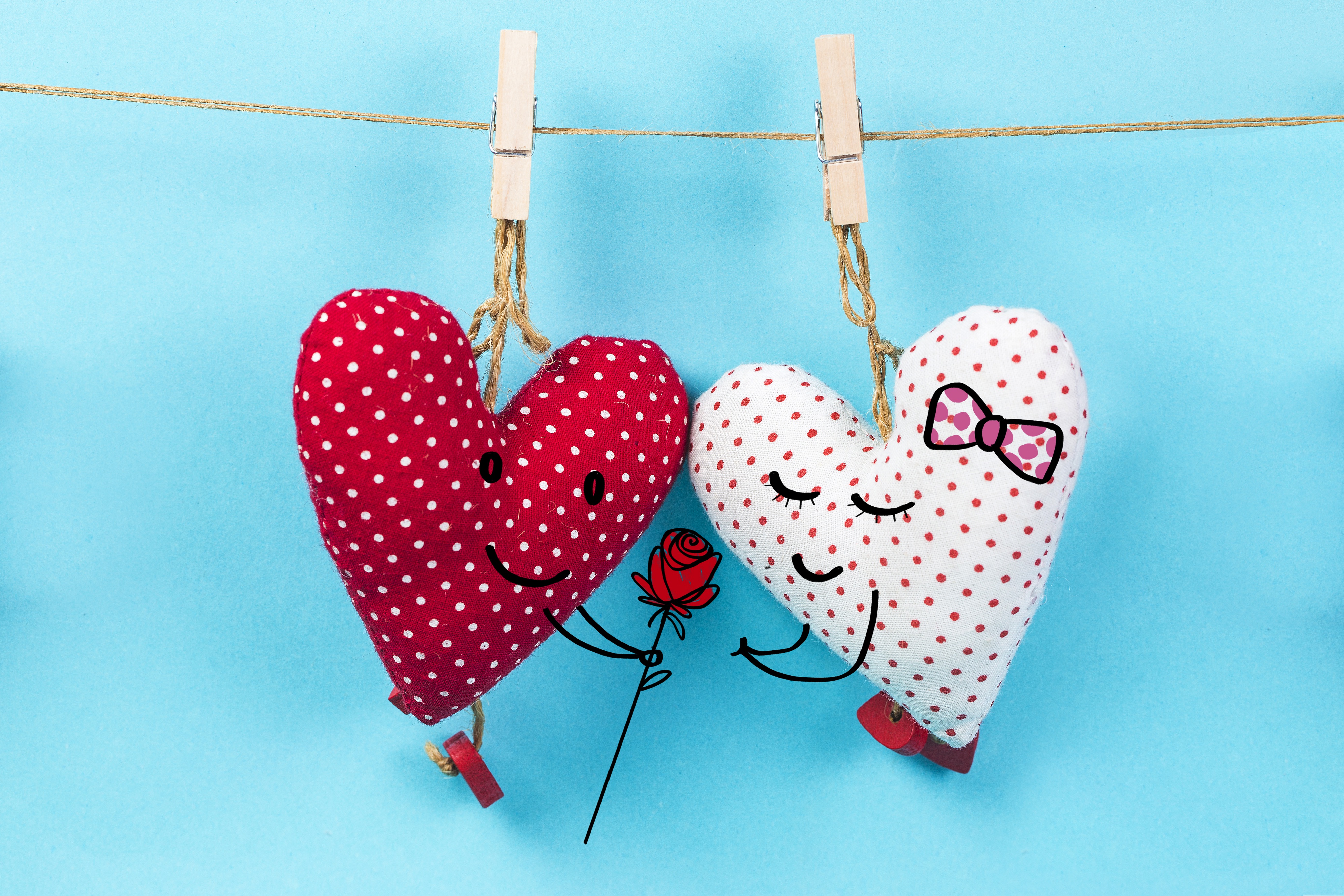 Two cute heart-shaped plush toys hanging on a clothesline, one giving the other a rose, representing Valentine's Day