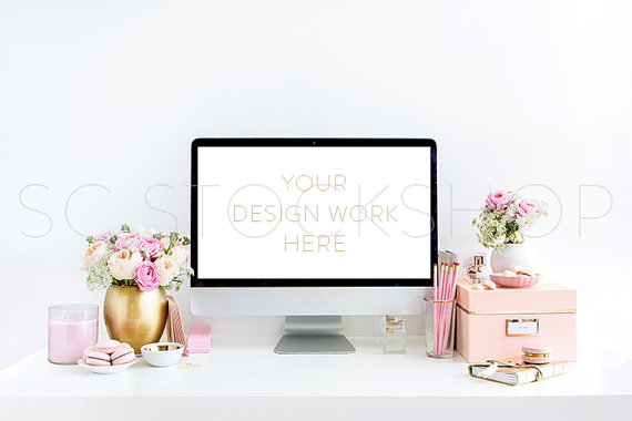 Blush Pink and Gold Desktop with Computer Screen Styled Stock